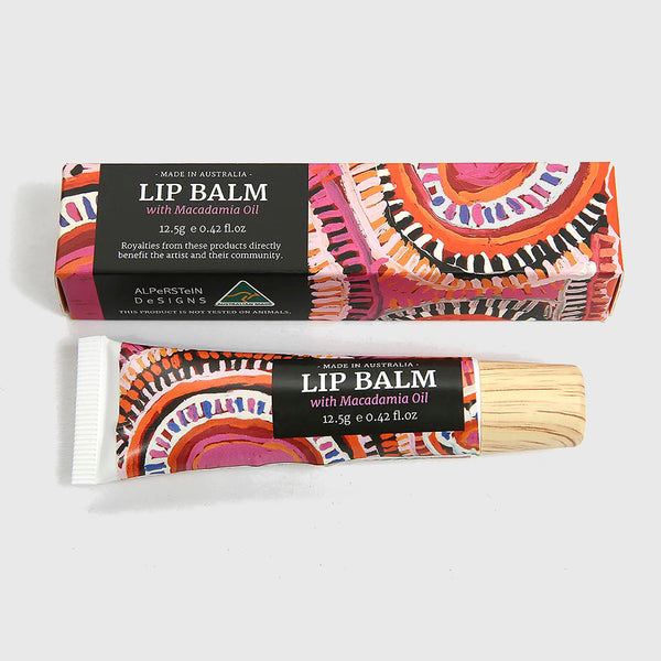 Alperstein Designs Fair Trade Gifts - Australian Made Macadamia Oil Lip Balm - Aboriginal Art Print design by Artist Murdie Morris