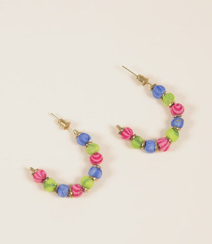 Upcycled Sari Fabric Earrings - 9 Bead Semi Circle - Blue/Green Theme - India