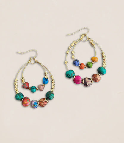 Upcycled Sari Fabric Double Oval Hoop Earrings - India
