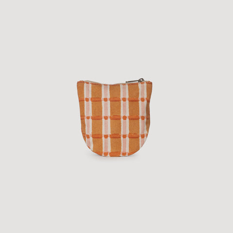 Hand-Block Printed Cotton Half Moon Pouch - Ember Plaid - India