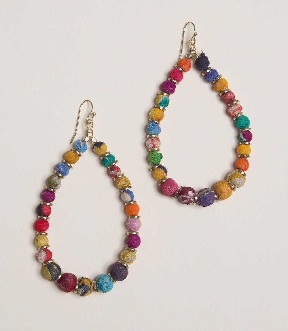 Upcycled Sari Fabric Oval Hoop Earrings - 23 Beads - India