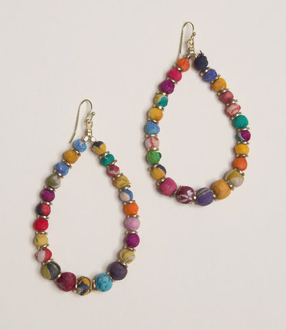 Upcycled Sari Fabric Oval Hoop Earrings - 23 Beads - India