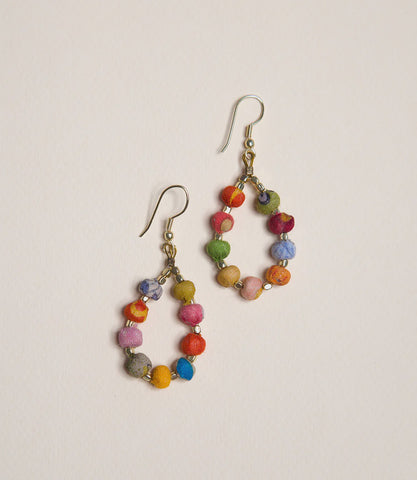 Upcycled Sari Fabric Earrings - Oval Hoop, 9 Bead - India