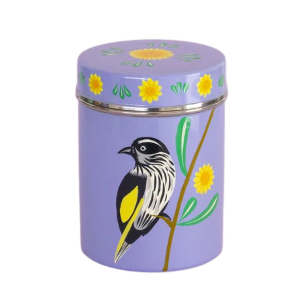 Hand-Painted Canister - New Holland Honeyeater & Banksia - India