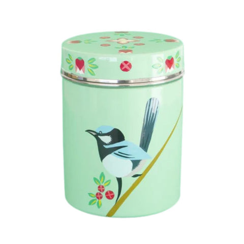 Songbird Superb Fairy Wren & Boronia Hand-Painted Enamelware  Canister - India