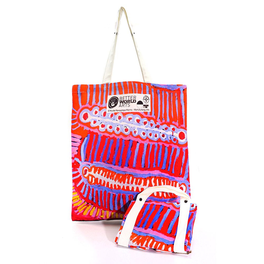 Better World Arts - Cotton Foldable Shopping Bag - Murdie Nampijinpa Morris - Pink Design - India