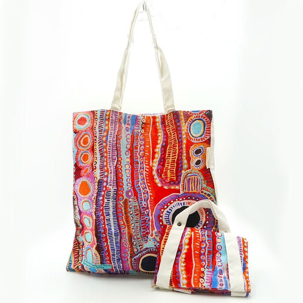 Better World Arts - Cotton Foldable Shopping Bag - Murdie Nampijinpa Morris - Red Design - India