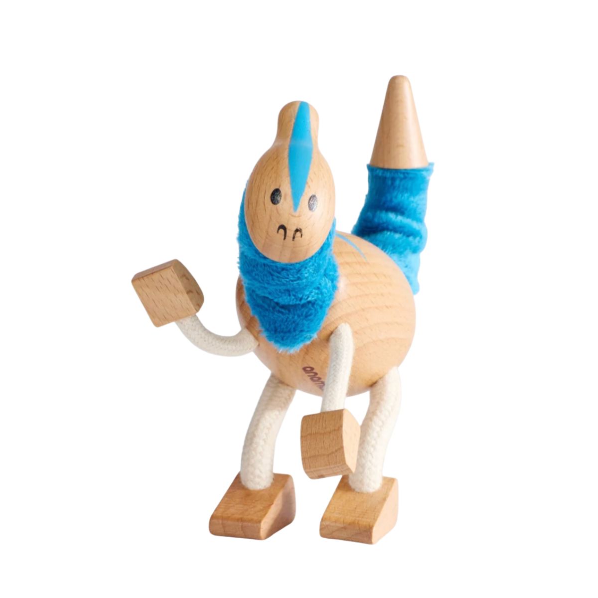 Wooden dinosaur toy with blue fabric details and bendable rope limbs on a white background