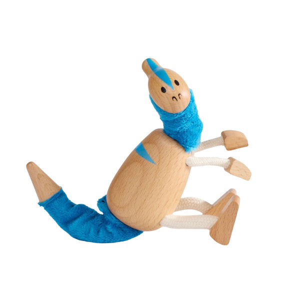 Wooden toy parasaurolophus dino toy with blue accents on a white background