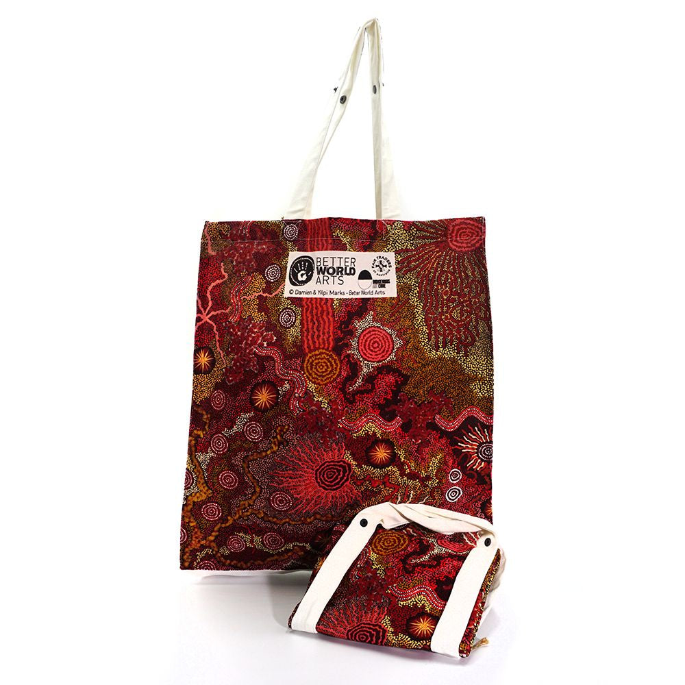 Better World Arts - Cotton Foldable Shopping Bag - Damien and Yilpi Marks - Deep Red - India