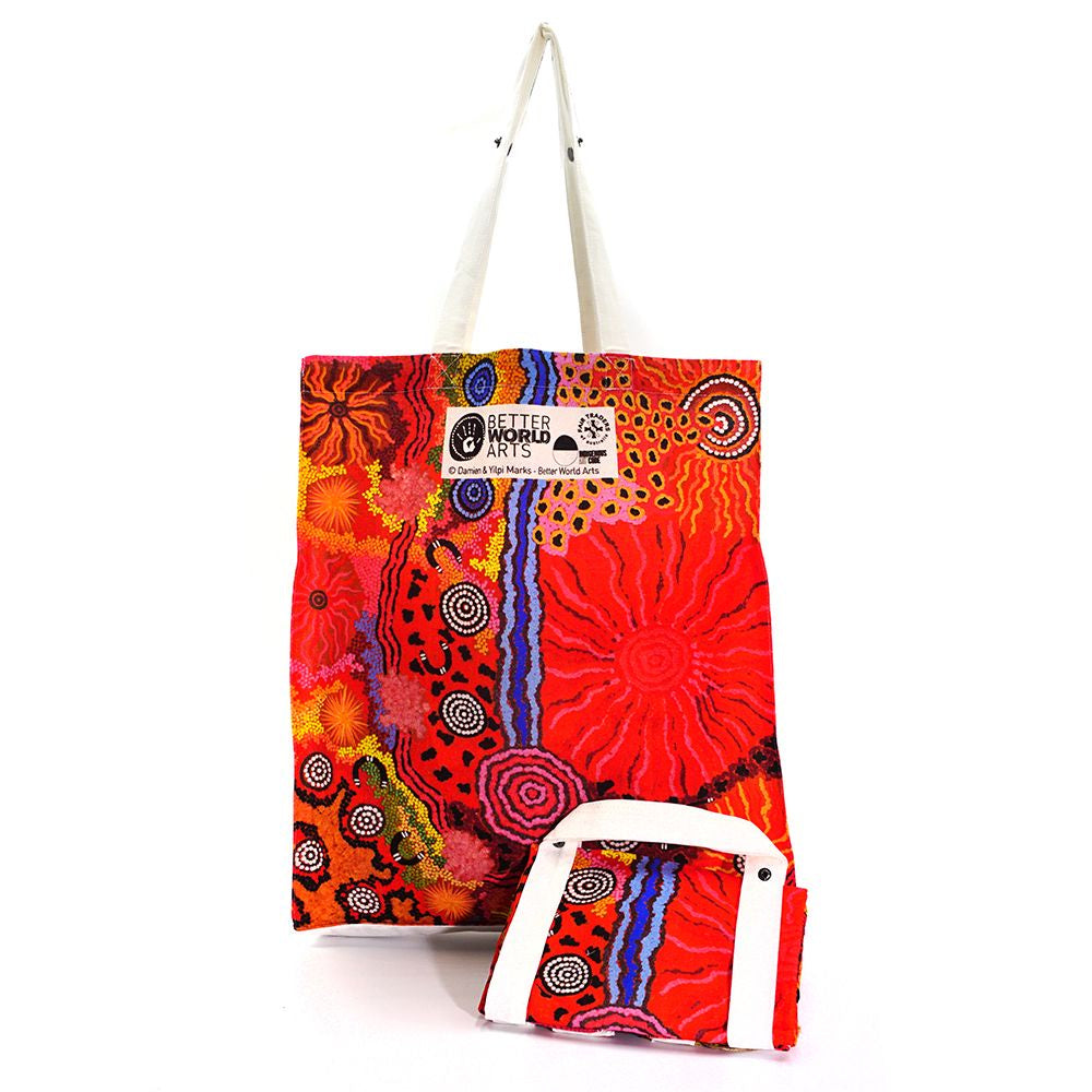 Better World Arts - Cotton Foldable Shopping Bag - Damien and Yilpi Marks - Light Red - India