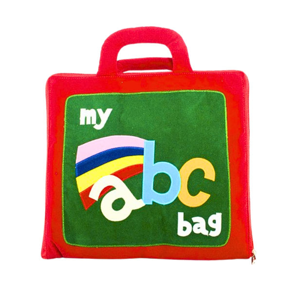 Children’s fabric red and green ABC Bag zipped closed for travel and storage