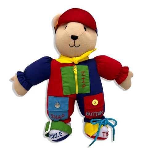 Colourful teddy bear plush educational toy with bright colours and fastening activities for children