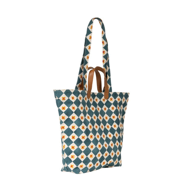 Hand-Block Printed Cotton Carryall Tote Bag - Daisy Check - India