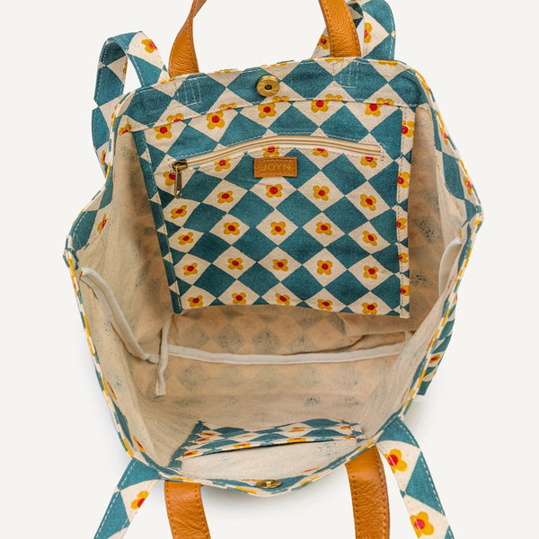 Hand-Block Printed Cotton Carryall Tote Bag - Daisy Check - India