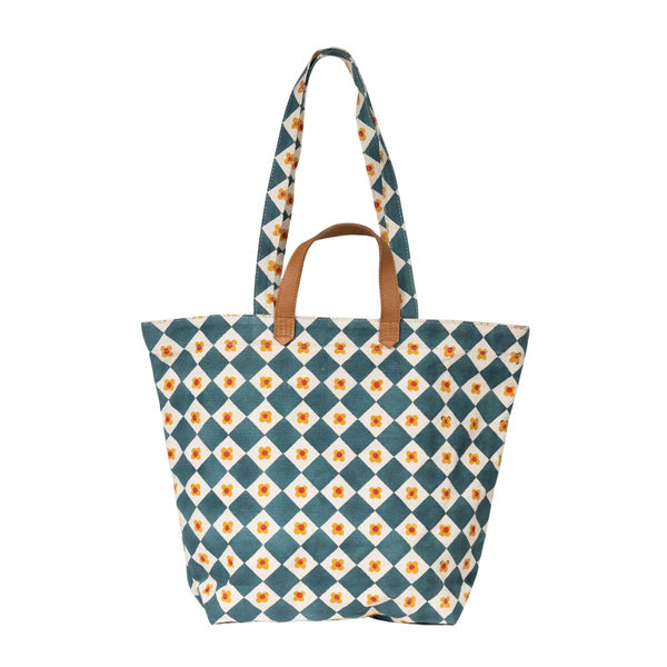 Hand-Block Printed Cotton Carryall Tote Bag - Daisy Check - India