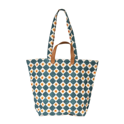 Hand-Block Printed Cotton Carryall Tote Bag - Daisy Check - India