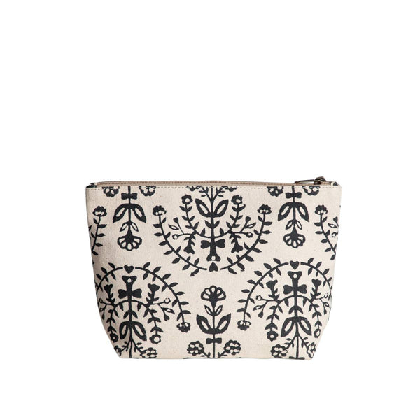 Hand-Block Printed Cotton Large Waterproof Pouch - Meadow Folk - India