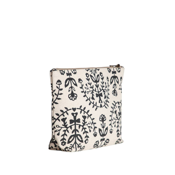 Hand-Block Printed Cotton Large Waterproof Pouch - Meadow Folk - India