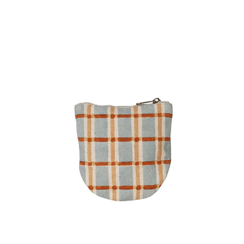 Hand-Block Printed Cotton Half Moon Pouch - Powder Plaid - India