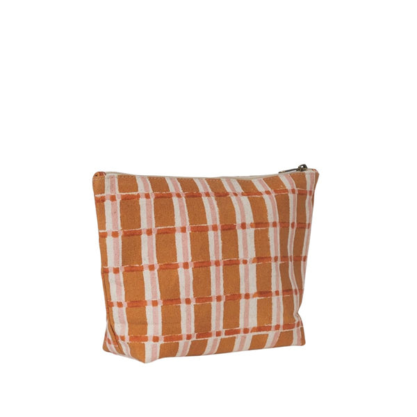 Hand-Block Printed Cotton Large Waterproof Pouch - Ember Plaid - India
