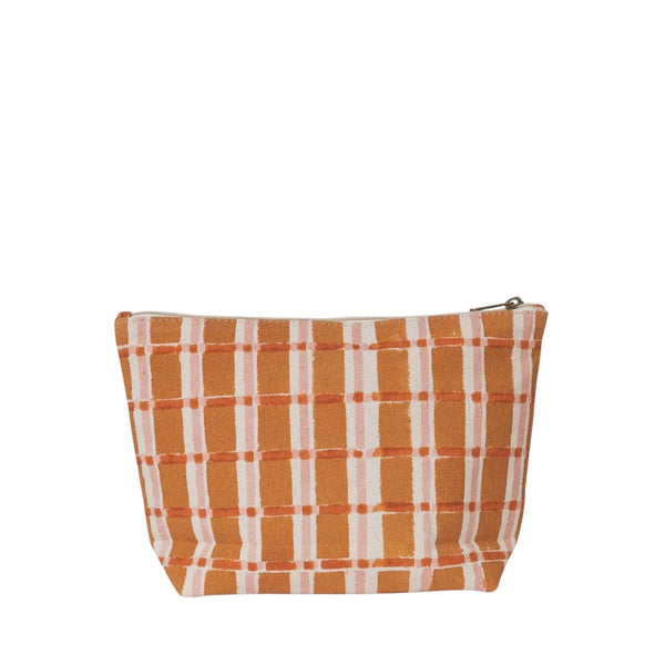 Hand-Block Printed Cotton Large Waterproof Pouch - Ember Plaid - India