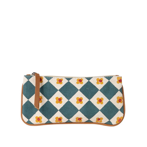 Hand-Block Printed Cotton Pencil Pouch - Daisy Check - India