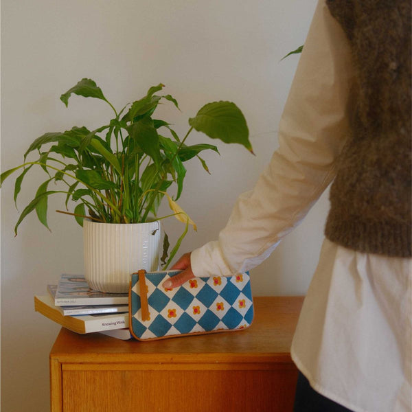 Hand-Block Printed Cotton Pencil Pouch - Daisy Check - India