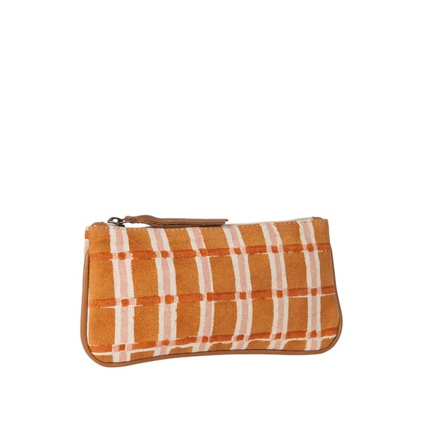 Hand-Block Printed Cotton Pencil Pouch - Ember Plaid - India