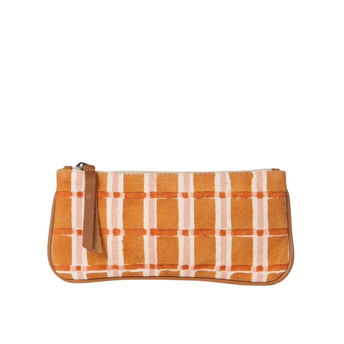 Hand-Block Printed Cotton Pencil Pouch - Ember Plaid - India