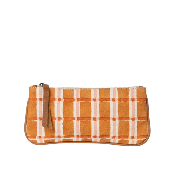 Hand-Block Printed Cotton Pencil Pouch - Ember Plaid - India