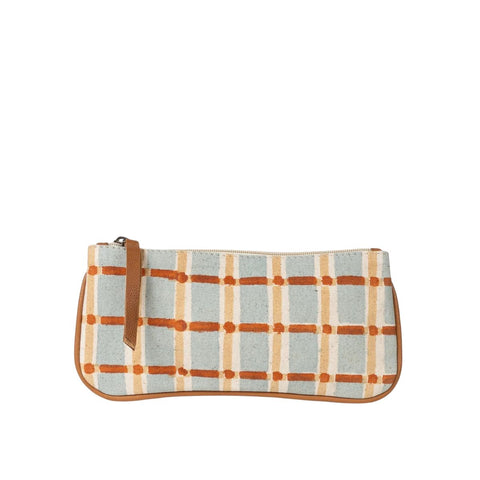 Hand-Block Printed Cotton Pencil Pouch - Powder Plaid - India
