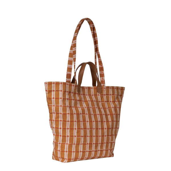 Hand-Block Printed Cotton Carryall Tote Bag - Ember Plaid - India