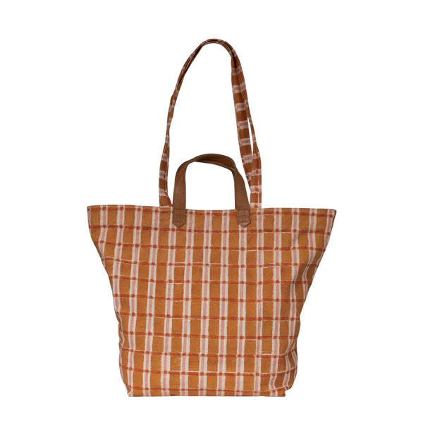 Hand-Block Printed Cotton Carryall Tote Bag - Ember Plaid - India