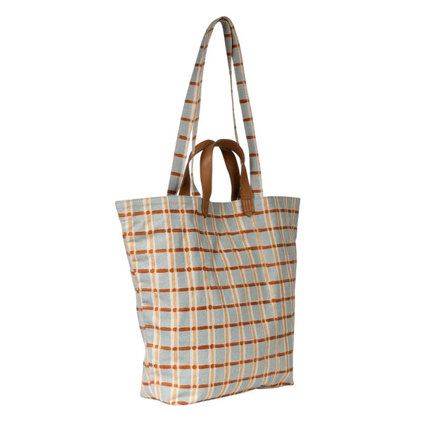 Hand-Block Printed Cotton Carryall Tote Bag - Powder Plaid - India