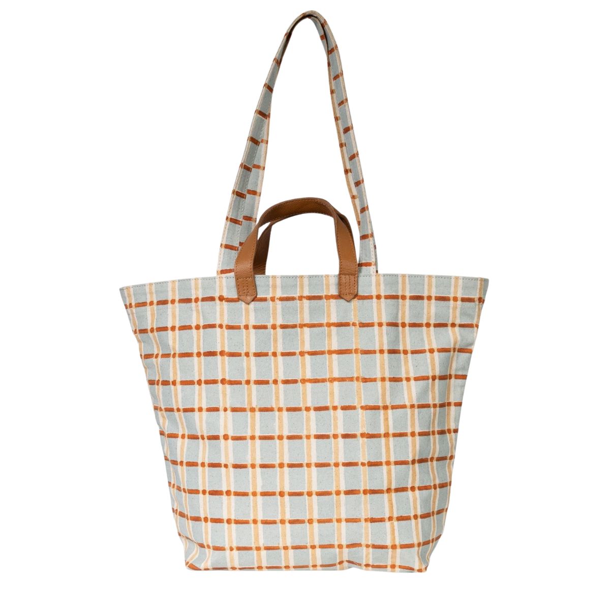 Hand-Block Printed Cotton Carryall Tote Bag - Powder Plaid - India