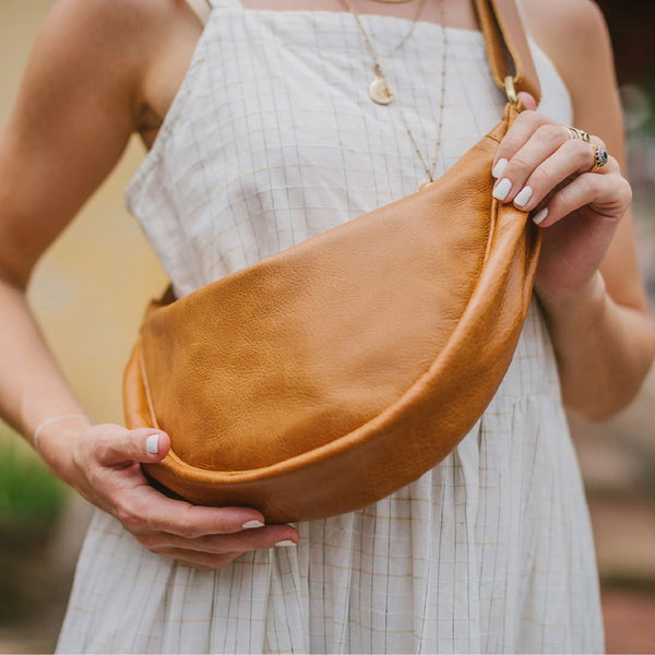 Leather Moon Sling Bag in Camel - India