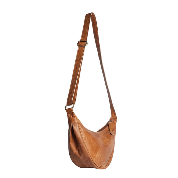 Leather Moon Sling Bag in Camel - India