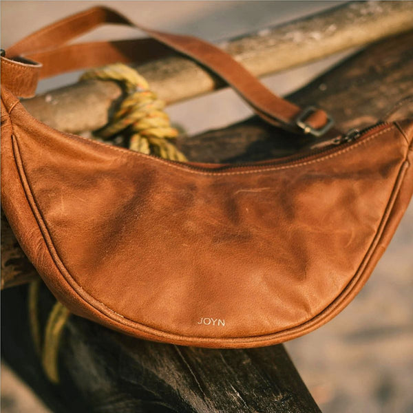 Leather Moon Sling Bag in Camel - India
