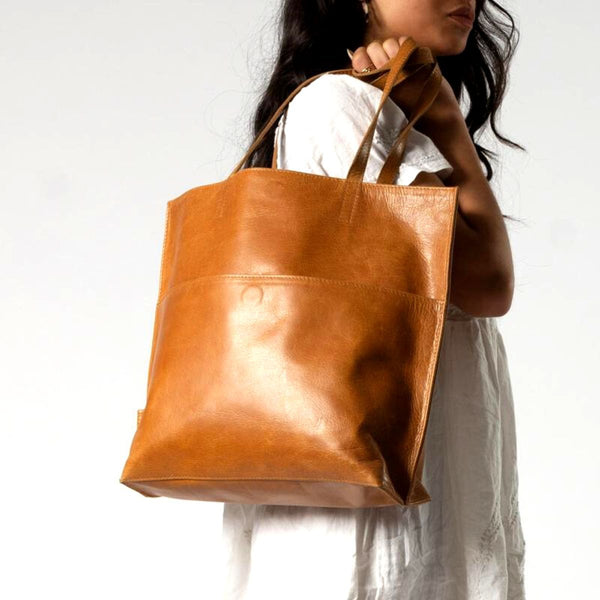 Recycled Leather Everyday Tote - Camel - India