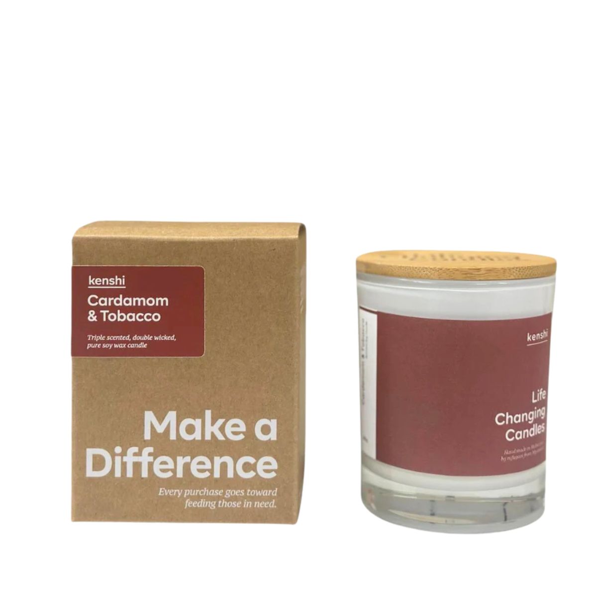 Candle with wooden lid and packaging labeled 'Cardamom & Tobacco' by kenshi on a white background.