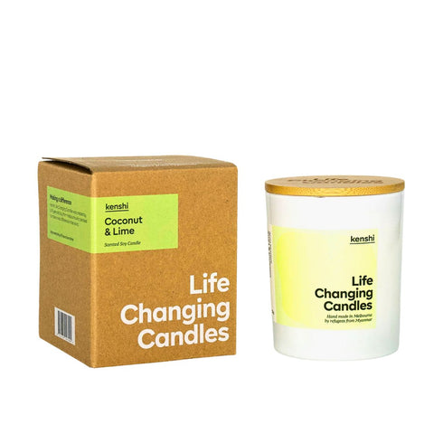 Kenshi Coconut & Lime candle with packaging on a white background