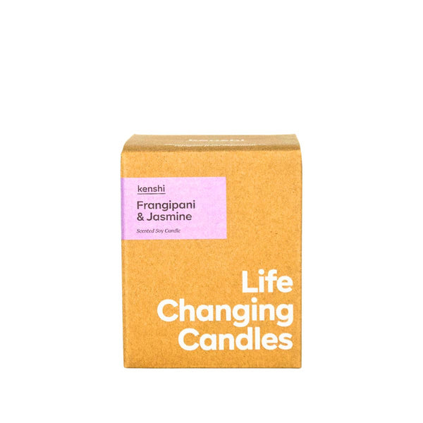 Kenshi candle box with 'Frangipani & Jasmine' label on a white background
