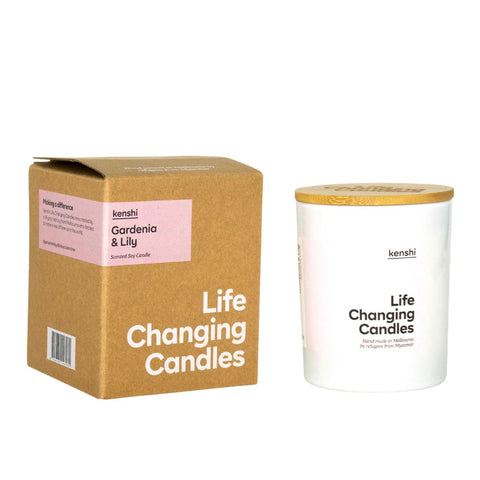 Kenshi Gardenia & Lily candle with packaging on a white background