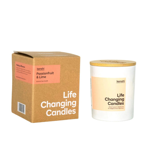 Kenshi Life Changing Candles packaging and candle on a white background