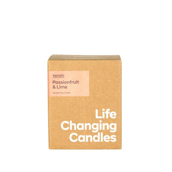 Kenshi candle packaging with 'Passionfruit & Lime' flavor on a white background