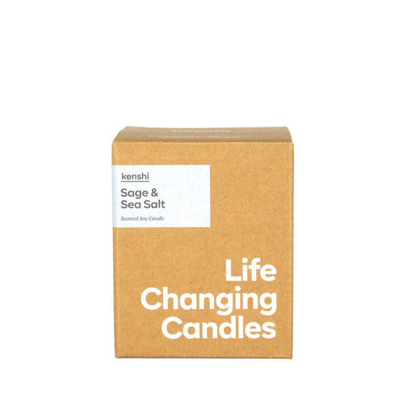 Kenshi Sage & Sea Salt candle packaging on a white background
