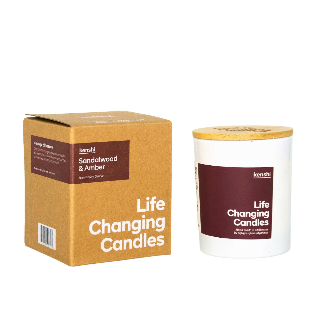Life Changing Candles sandalwood and amber candle with packaging on a white background
