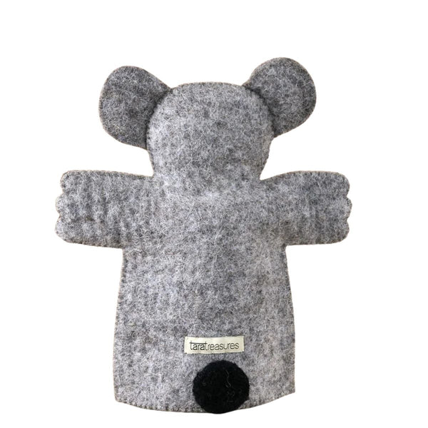 Back of grey koala-shaped hand puppet with a visible brand label on a white background