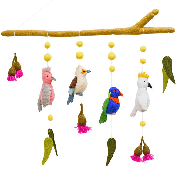 Felt Australian birds nursery mobile with cockatoo, lorikeet, kookaburra and galah and gum flowers on a felt branch against a white background
